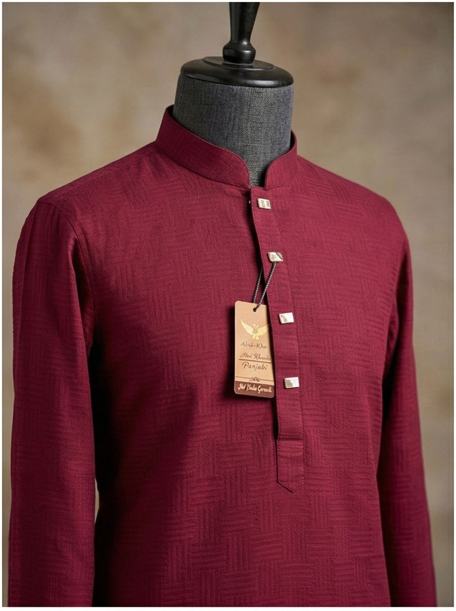 China popcorn fabric panjabi - maroon color - Image 2